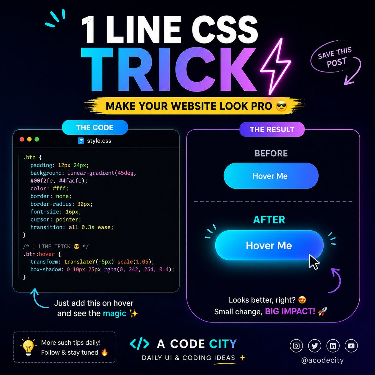 A_code_city's tweet photo. 1 simple line… BIG difference ⚡

Make your buttons look clean, modern, and interactive in seconds 💻✨

Save this post &amp; follow A Code City for daily coding tips 🚀
#html #css #codingtips #webdev #frontend #developer #programming #webdesign  #learncoding #tech #Acodecity https://t.co/2uoWCA30go