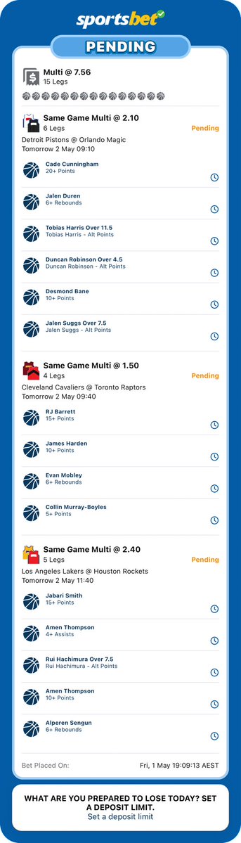 TheTipsHouse's tweet image. Nice 15 leg parlay for the games tommorow let’s get that bag 🔥🔥🔥#sportsbet #nba #gambling