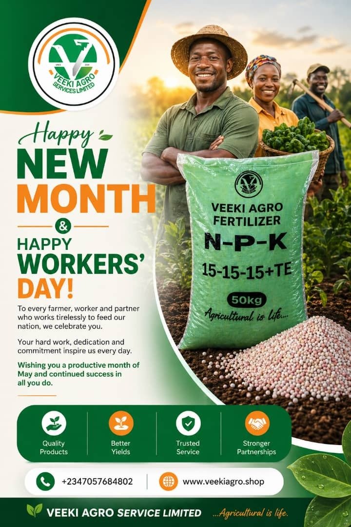 VeekiAgro's tweet photo. 🌿 Happy New Month &amp; Happy Workers’ Day! 🌿

Welcome to the month of May!

At Veeki Agro Service Limited, we celebrate the strength, dedication, and resilience of every hardworking individual—especially our valued farmers and partners who continue to feed the nation and drive https://t.co/FJW57Fo99v