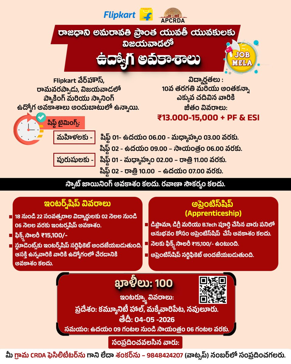 PrajaRajadhani's tweet image. రాజధాని ప్రాంత యువతకు విజయవాడలో ఉపాధి అవకాశాలు......
#Vijayawada
#Amaravati
#AndhraPradesh
#Jobs
#Employment
#YouthEmpowerment
#CareerOpportunities
#SkillDevelopment
#FutureAndhra
#Growth
#Opportunities
#WorkLife
#JobSearch
#SuccessJourney