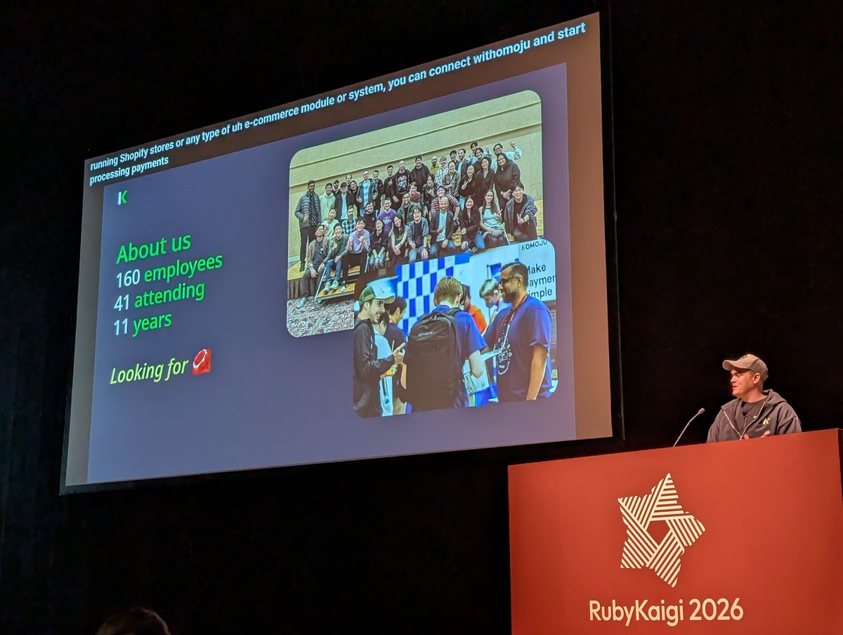 komoju's tweet photo. RubyKaigi 2026 Recap

This year marked KOMOJU’s 11th year as a proud sponsor of RubyKaigi.
41 team members joined the event to upskill, network, and dive deep into the Ruby ecosystem. 

#RubyKaigi #KOMOJU #RubyOnRails #Fintech #DeveloperCommunity https://t.co/hKrTfEye9S