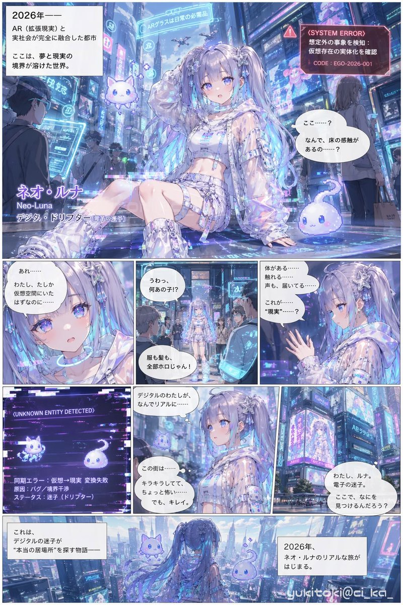 ci_ka_'s tweet photo. ChatGPTでマンガ描けるようになった。
コンセプトはgeminiに作ってもらって、イラストはChatGPTに作ってもらった。
マンガの内容は、コンセプトを伝えたら勝手に作ってくれた。
GPT-Image-2 #ネオ・ルナ #デジタル・ドリフター #電子の迷子 https://t.co/hyuqpMQWL1