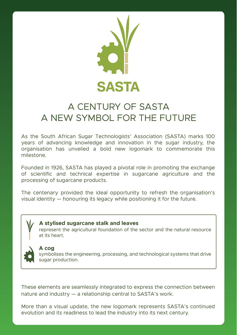 SocietyCane's tweet photo. 1926 - 2026: The South African Sugar Technologists’ Association (SASTA), Affiliated member of ISSCT, is celebrating its centenary. SASTA has unveiled its new logomark that reflects its heritage, its role in advancing sugar cane science, and its continued evolution. https://t.co/7pmrsmWCME