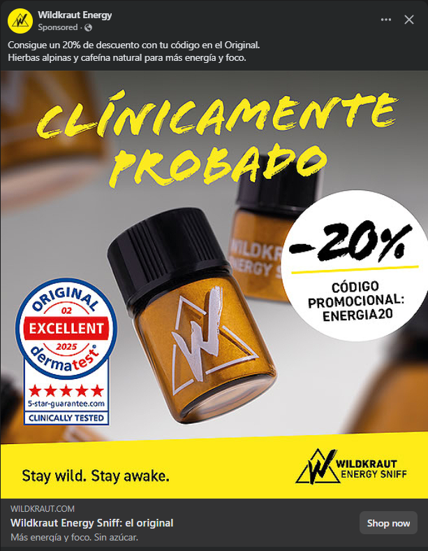 Volgrand's tweet photo. Últimamente Facebook ha decidido sacarme anuncio de un producto llamado "WildKraut". 

Cafeína y hierbas naturales... esnifables. El eslogan: "Más energía, más focus". 

Cocaína no es... pero desde luego las similitudes.... Oye @LloydZelos , eres farmacéutico. ¿Qué piensas? https://t.co/ppfGE4zzQ8