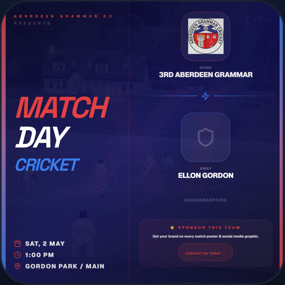 GrammarCricket's tweet photo. 🎬 GAME ON this Saturday 🏏

Aberdeen Grammar teams are in action at Rubislaw, Countesswells &amp; Gordon Park.

The teams are ready… but one spot is still empty 👀

🎯 Become our next Match Sponsor and put your brand centre stage.

📩 Message us today!

#GameOn #AberdeenCricket https://t.co/4vCXPV46Ou