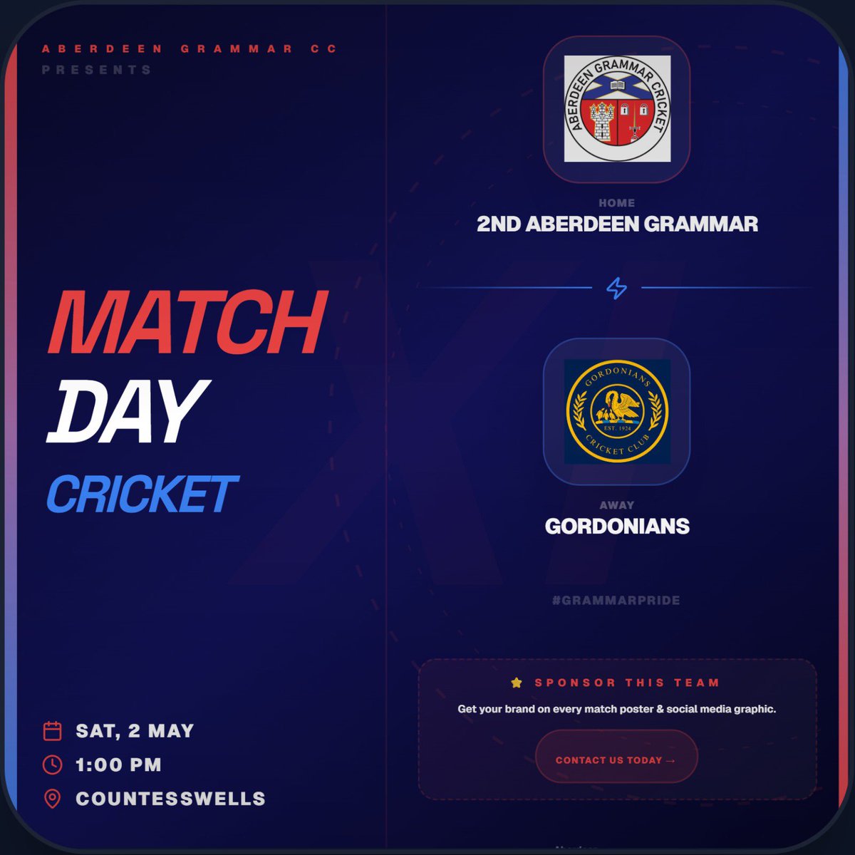 GrammarCricket's tweet photo. 🎬 GAME ON this Saturday 🏏

Aberdeen Grammar teams are in action at Rubislaw, Countesswells &amp; Gordon Park.

The teams are ready… but one spot is still empty 👀

🎯 Become our next Match Sponsor and put your brand centre stage.

📩 Message us today!

#GameOn #AberdeenCricket https://t.co/4vCXPV46Ou