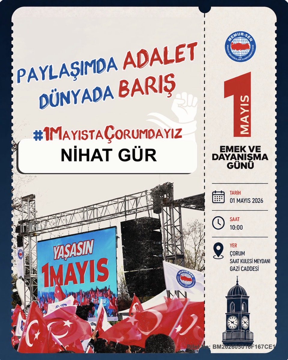 Paylaşımda adalet, dünyada barış diyerek; alın terinin değerini yükseltmek, emeğin hakkını korumak ve dayanışmayı büyütmek için 1 Mayıs Emek ve Dayanışma Günü’nde Memur-Sen ile birlikteyim.
    #1MayıstaÇorumdayız    1mayis.memursen.org.tr