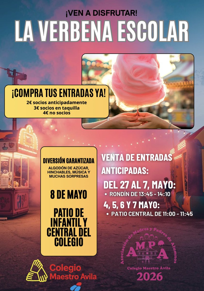 ampamaestrovila's tweet photo. ¡Bienvenidos a la verbena escolar del @cmaestroavila!

¡Estamos de fiesta los días 7, 8 y 9 de mayo!

Celebramos la tradicional verbena con muchas sorpresas y música

Compra tu entrada anticipada con descuentos para socios @ampamaestrovila 

¡Os esperamos! https://t.co/XJHgXWKiHA