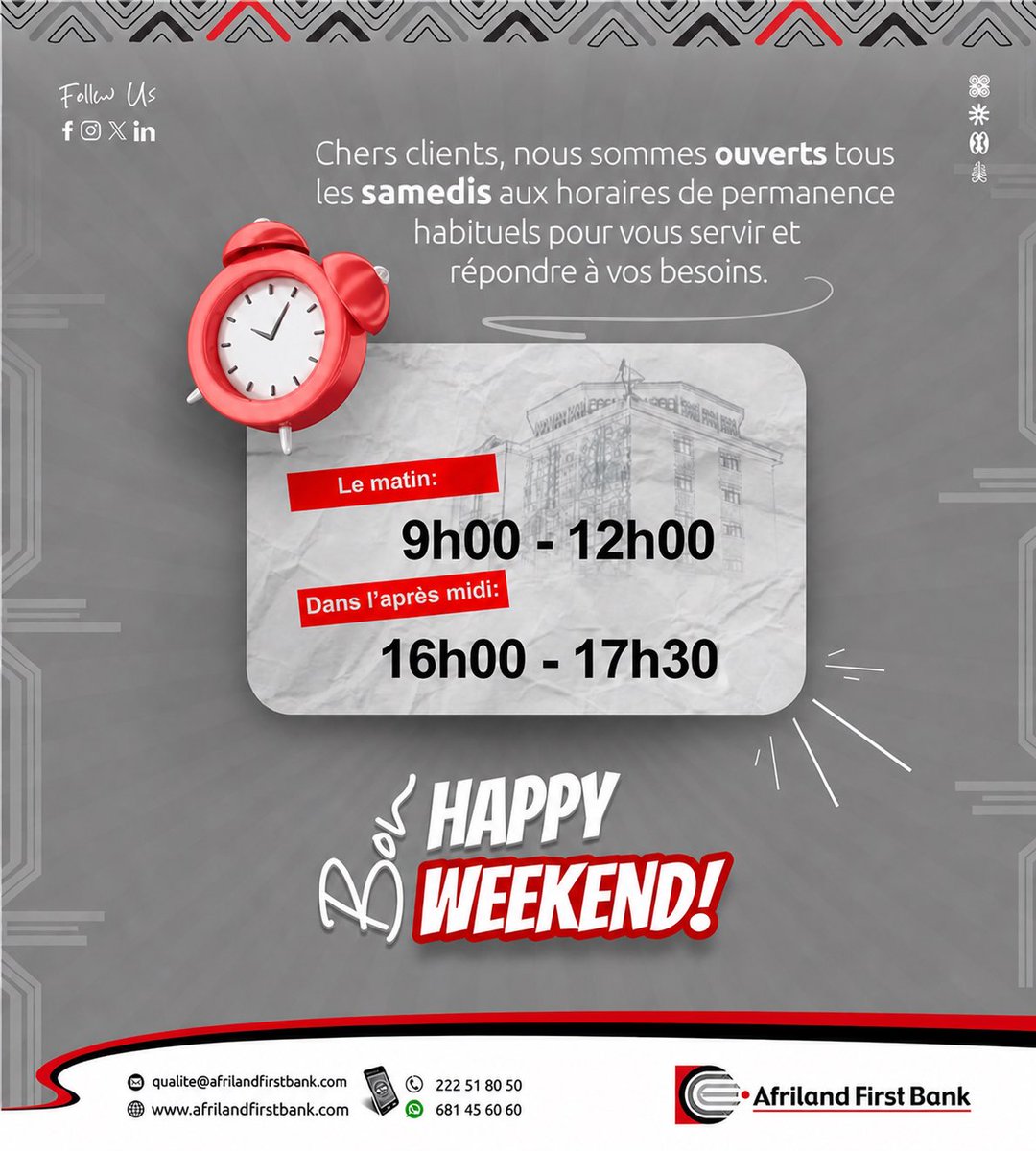 Chers clients, nos agences seront ouvertes ce samedi 2 mai 2026 aux horaires de permanence habituels.