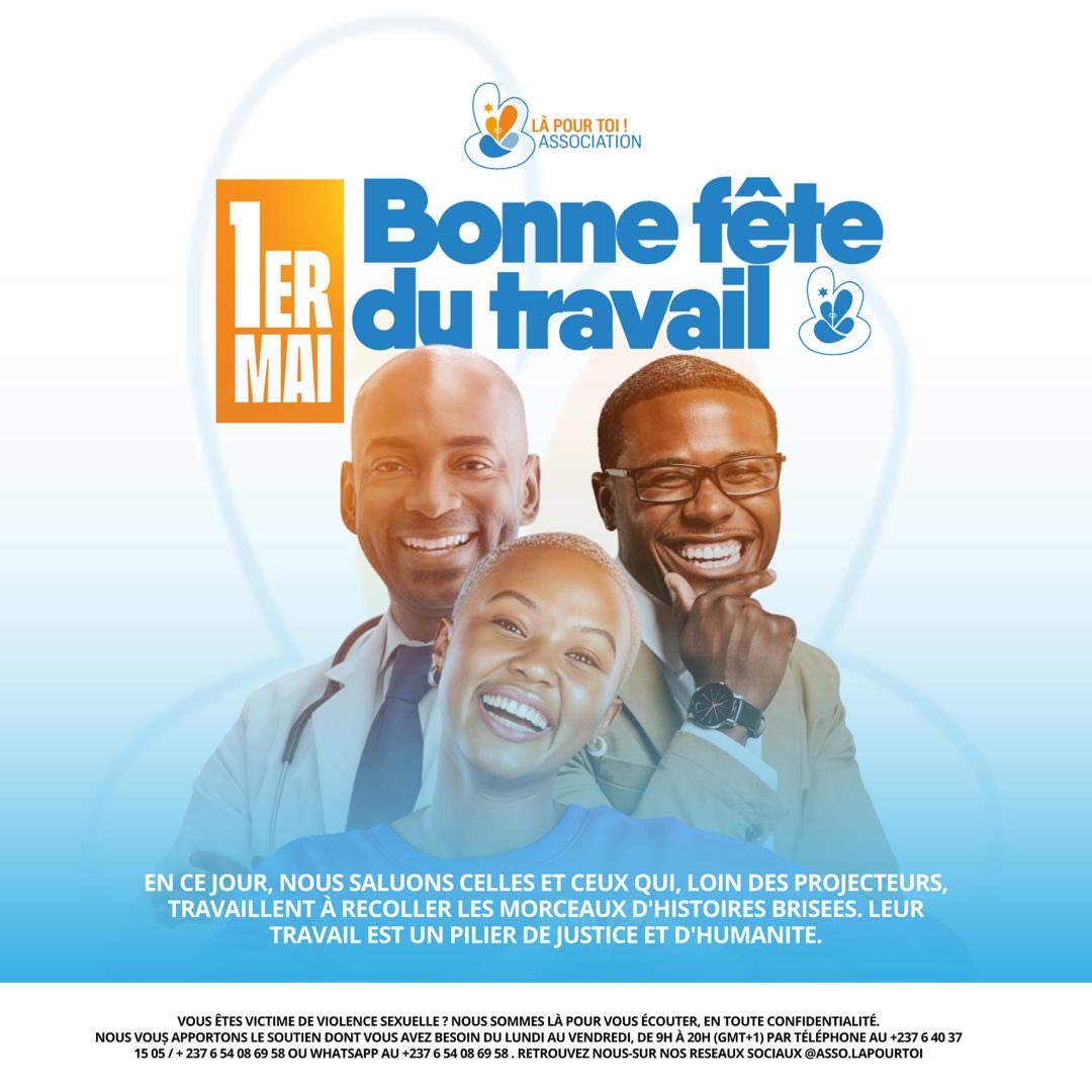 LapourtoiCm's tweet photo. En ce 1er mai, hommage Ă celles et ceux qui, dans lâombre, accompagnent et redonnent espoir.
Bonne fĂȘte du travail. đ€
#FeteDuTravail #LaPourToi #OsonsEnParler #ProtectionEnfant #Cameroun https://t.co/iTt0yoKaRn