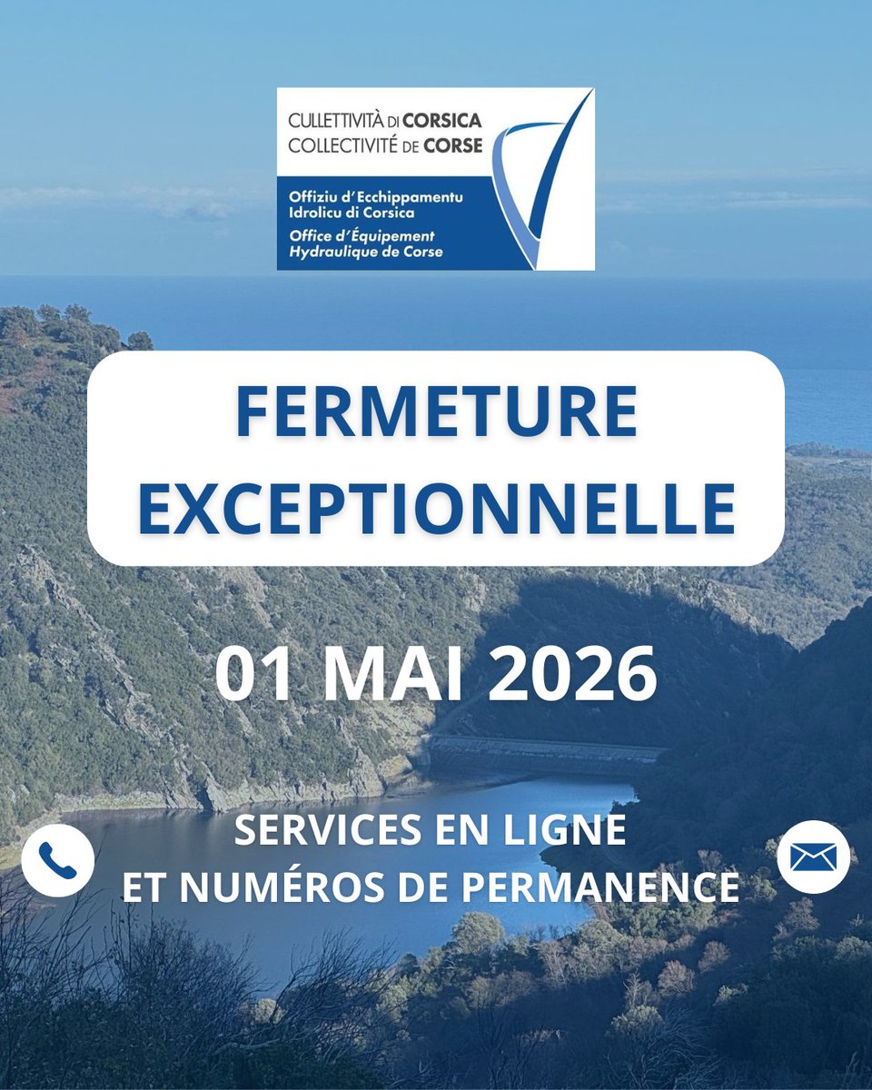 OEHC_'s tweet photo. 🔴 Infurmazione - Information 🔴

💠 I nostri scagni seranu chjosi u 1 di maghju di u 2026.
💠 Nos agences seront fermées au public : le vendredi 01 mai 2026.

💻 Toutes vos démarches restent accessibles en ligne via notre site internet : https://t.co/QznXkgy7RT https://t.co/cXJmnlZgkd