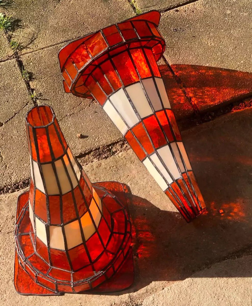 Stained glass traffic cones by Pia Hinz.