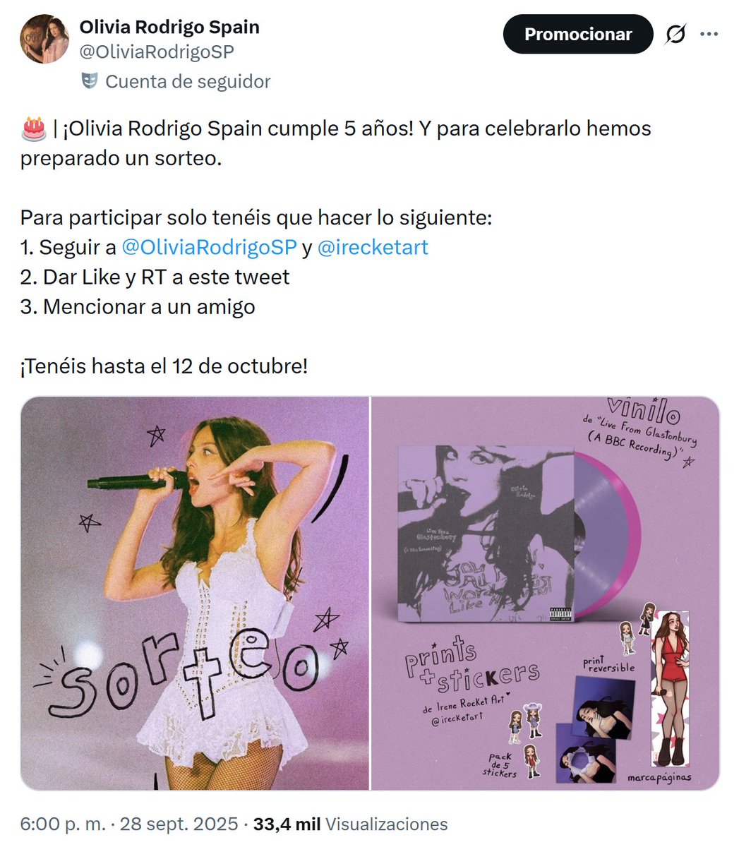 Llevamos 5 años y medio dedicándonos a informar y organizar al fandom español de Olivia Rodrigo. Hemos hecho de todo: una página web, fan projects del GUTS World Tour, sorteos... Por favor, tenednos en cuenta para el concierto en Barcelona! Nos haría mucha ilusión! <a href="/SpotifySpain/">Spotify Spain</a>