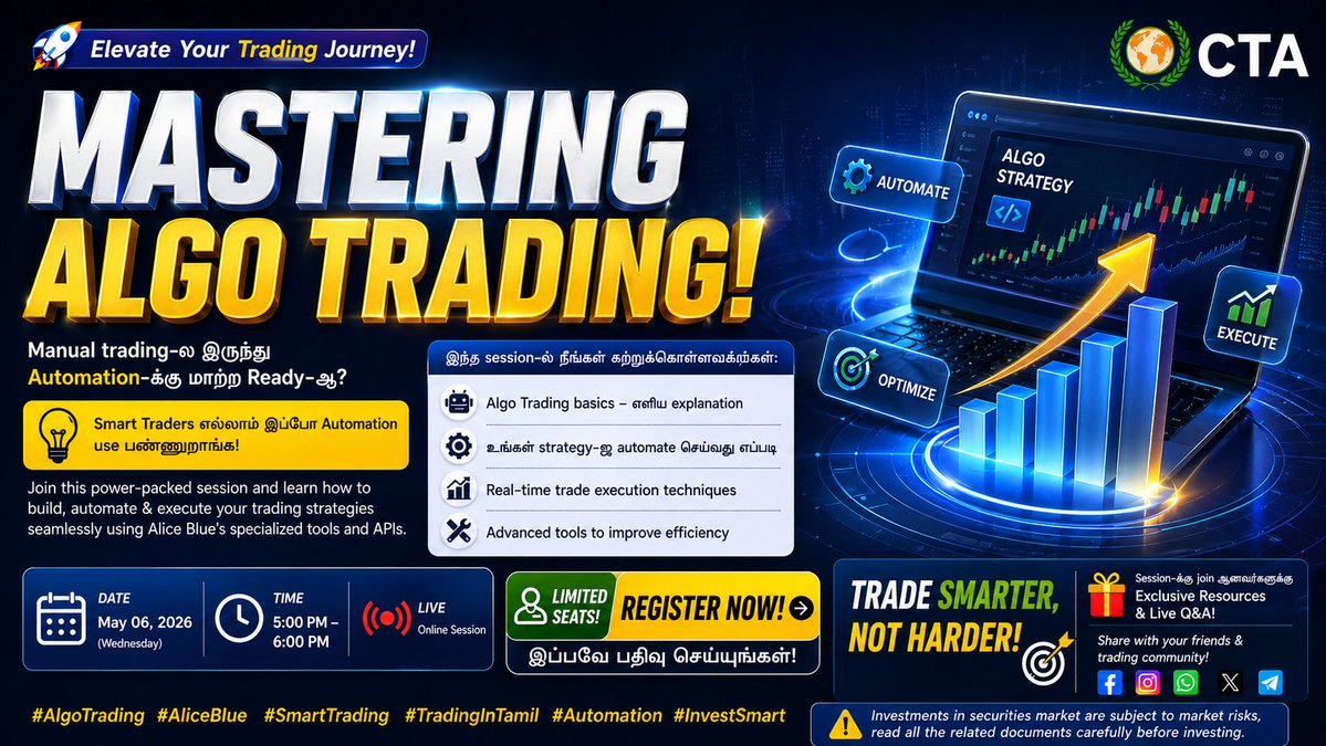 rnarayanan80's tweet image. Join Our Next Webinar with Registration details as below.
Topic :  Mastering Algo Trading!
Register Here: forms.gle/Z4KF4qASbeq4xU…
Date and Time: 6th May, 2026, 5:00 PM 
Speakers:  Mr  Narayanan - CTA      
Language:   Tamil
 #training #StockMarket #shares #Options #optiontrading