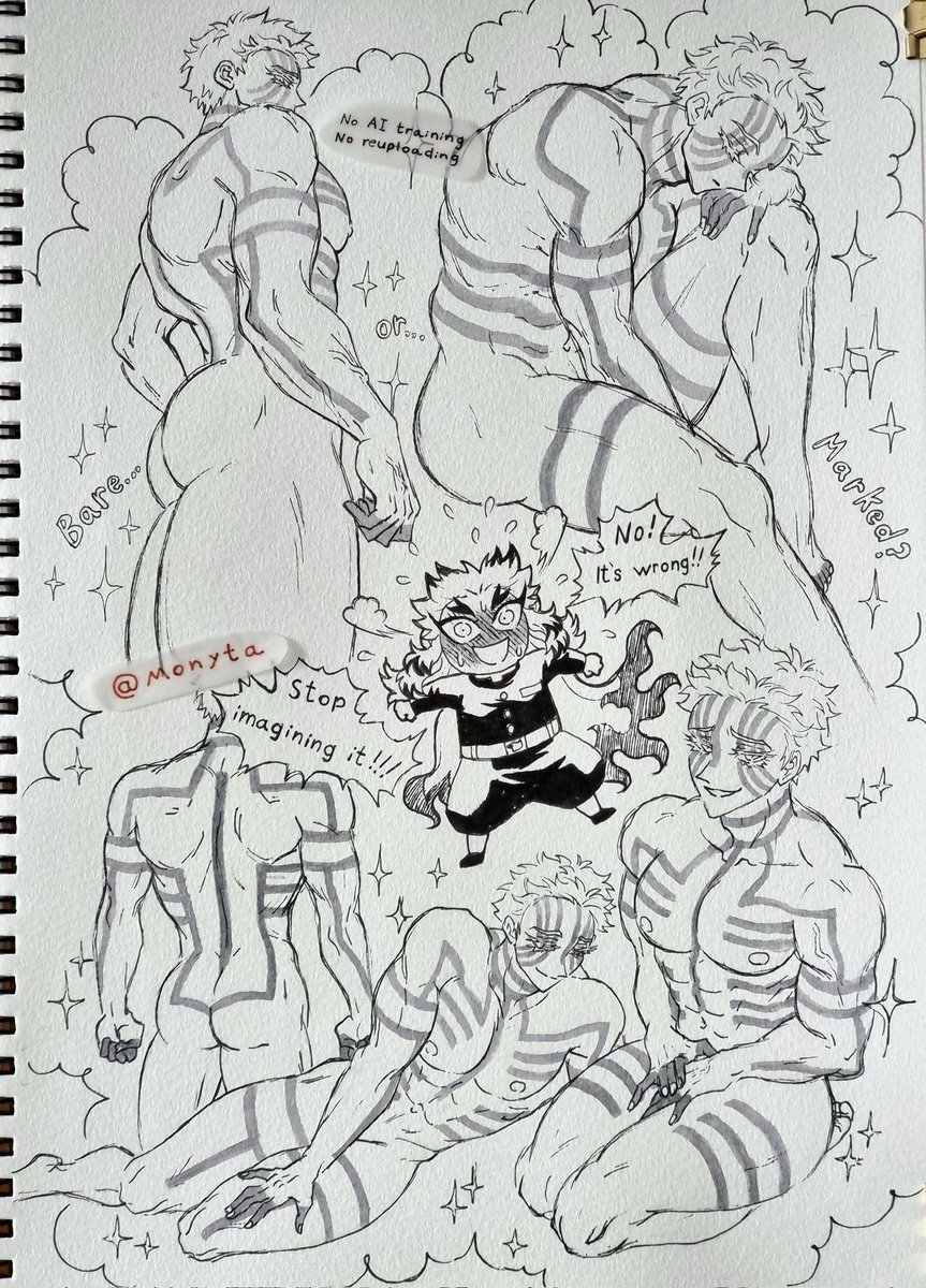 Monyta_art28's tweet photo. Inspired by the fic  "A marked interest" by @backupsaint. 
Kyojuro wonders if Akaza's tattoos go all the way down 🤭 https://t.co/jb0OeyiTC6