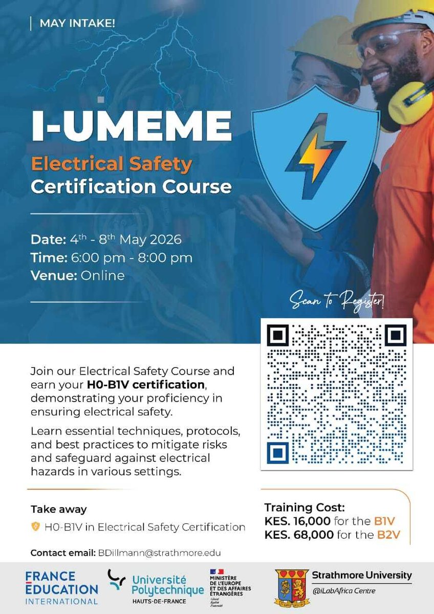 iLabAfrica's tweet image. Electrical accidents can happen anywhere,@ work,home,on-site.
Protect yourself &amp;amp; your team with the I-UMEME Electrical Safety Certification Course.
No technical background needed
Learn how to prevent hazards
Get HO-B1V certified
Know more:ilabafrica.strathmore.edu/i-umeme-electr…
#ElectricalSafety
