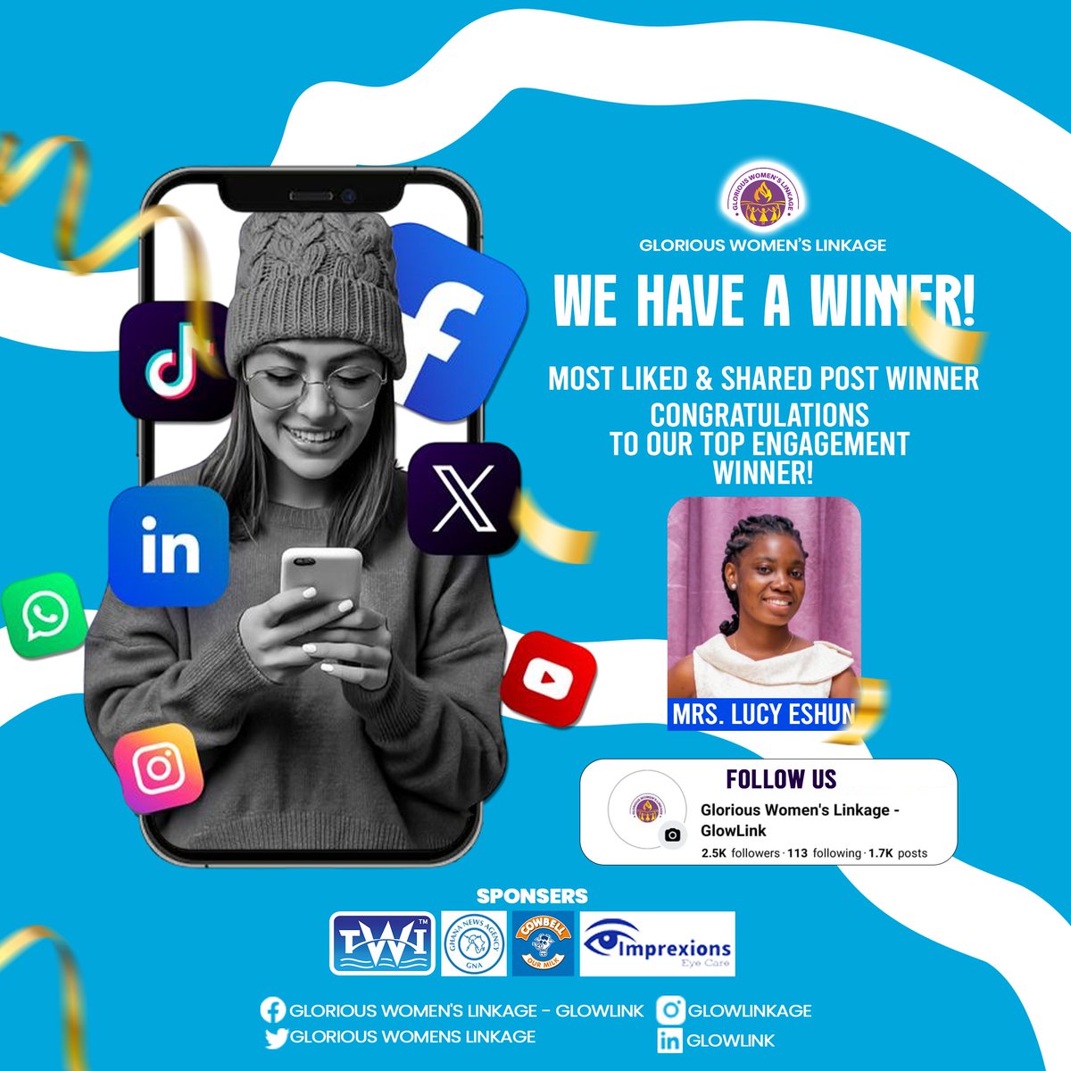 glowlinkage's tweet image. 🎉 WE HAVE A WINNER! 🎉

Congratulations to Mrs. Lucy Eshun, our Most Liked &amp;amp; Shared Post Winner! 👏🏽💜

Your engagement, support, and impact truly stood out. Thank you for being part of the GLOWLINK community!

Keep engaging, sharing, and inspiring—more wins ahead! ✨

#Winner
