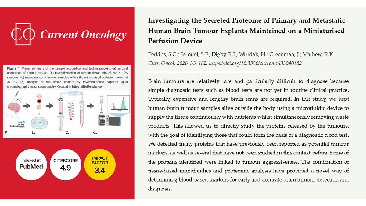 CurrentOncology's tweet image. 📅 New #Article in #Vol33_Iss4
📑 "Investigating the secreted proteome of primary and metastatic human brain tumour explants maintained on a miniaturised perfusion device"
📍 Access the full paper here: brnw.ch/21x26j2

#BrainTumour #Proteomics #PerfusionDevice
