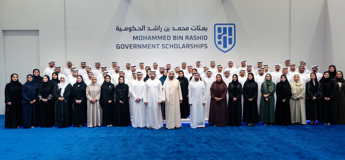 DXBMediaOffice's tweet photo. Mohammed bin Rashid: With the first cohort of the Mohammed bin Rashid Government Scholarships, designed for national government talent and delivered in partnership with leading global institutions such as New York University Abu Dhabi, Georgetown University, and Mohamed bin Zayed University of Artificial Intelligence, among others. The goal is to equip these cadres with specialised expertise in future focused sectors; and to ensure the government continues learning without pause. We are a nation that never stop learning, because knowledge has carried us from the simplicity of the desert to the depths of space.