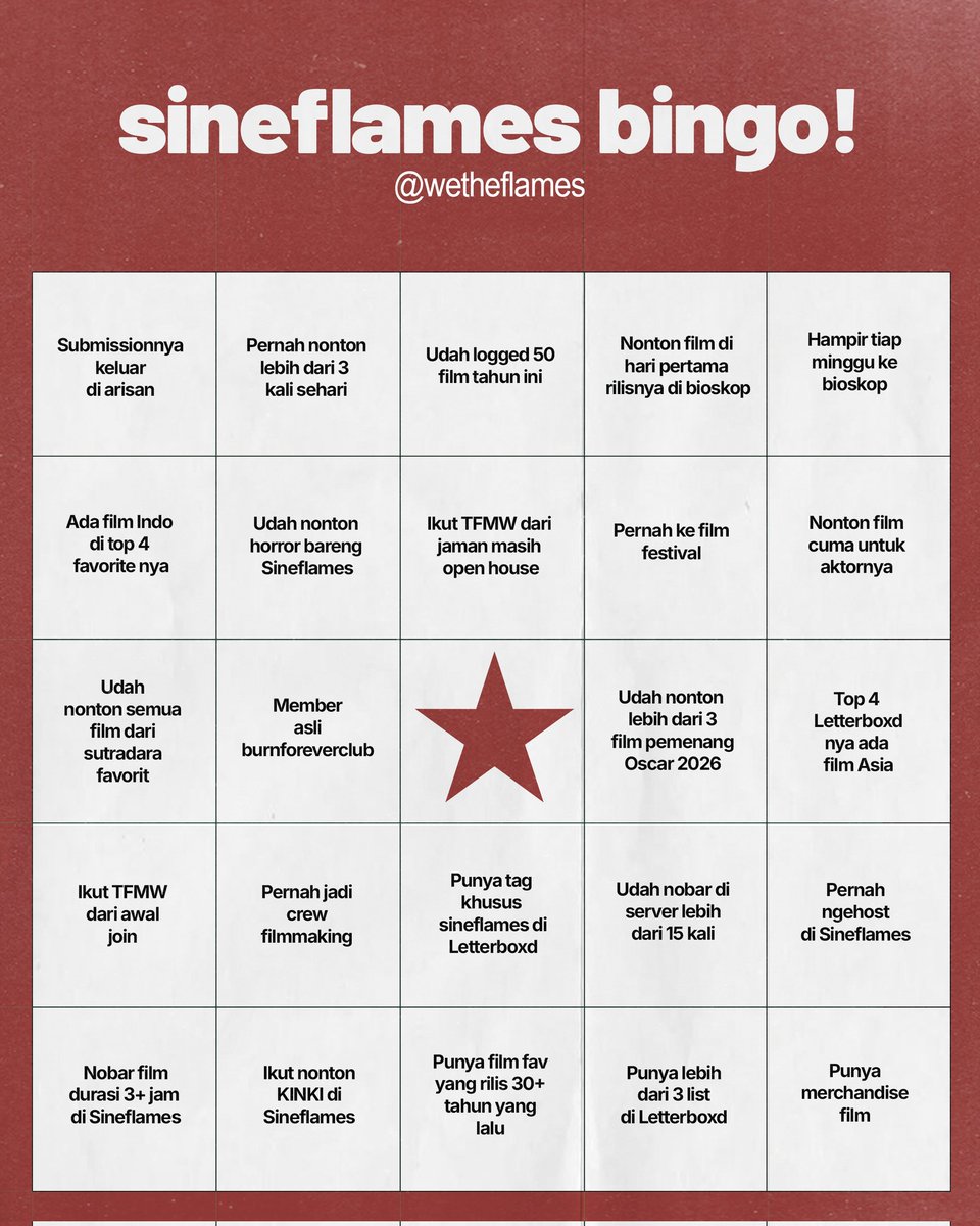 wetheflames's tweet photo. hey, flamingfriday vol.2 is here! 🌟

kali ini kita main bingo sineflames theme, yuk! qrt this post with your result, yang berhasil nyoret tiga garis bingo dapet P̶a̶t̶r̶e̶o̶n̶ ̶L̶e̶t̶t̶e̶r̶b̶o̶x̶d̶ masakan mamah. 🌹 https://t.co/J2Hzmou2Bm