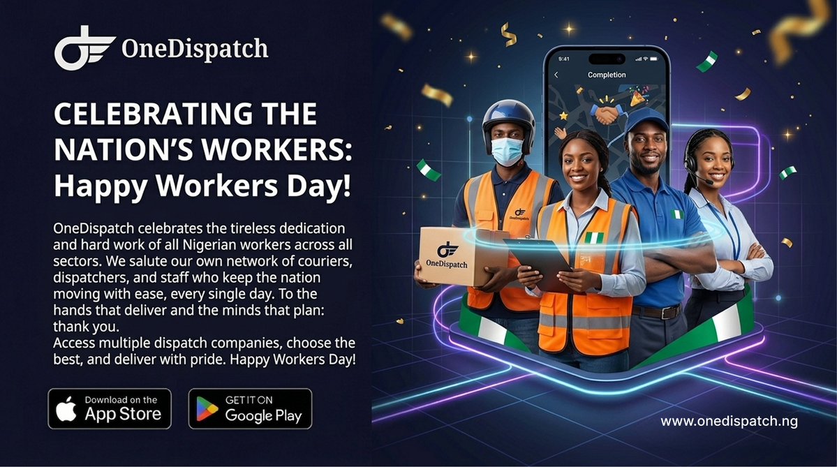 onedispatch_ng's tweet image. OneDispatch celebrate the tireless dedication and hard work of all Nigerian workers across all sectors. We salute our own network of couriers, dispatchers and staff who keep the nation moving with ease.

#workersmatter #dispatch #delivery #business