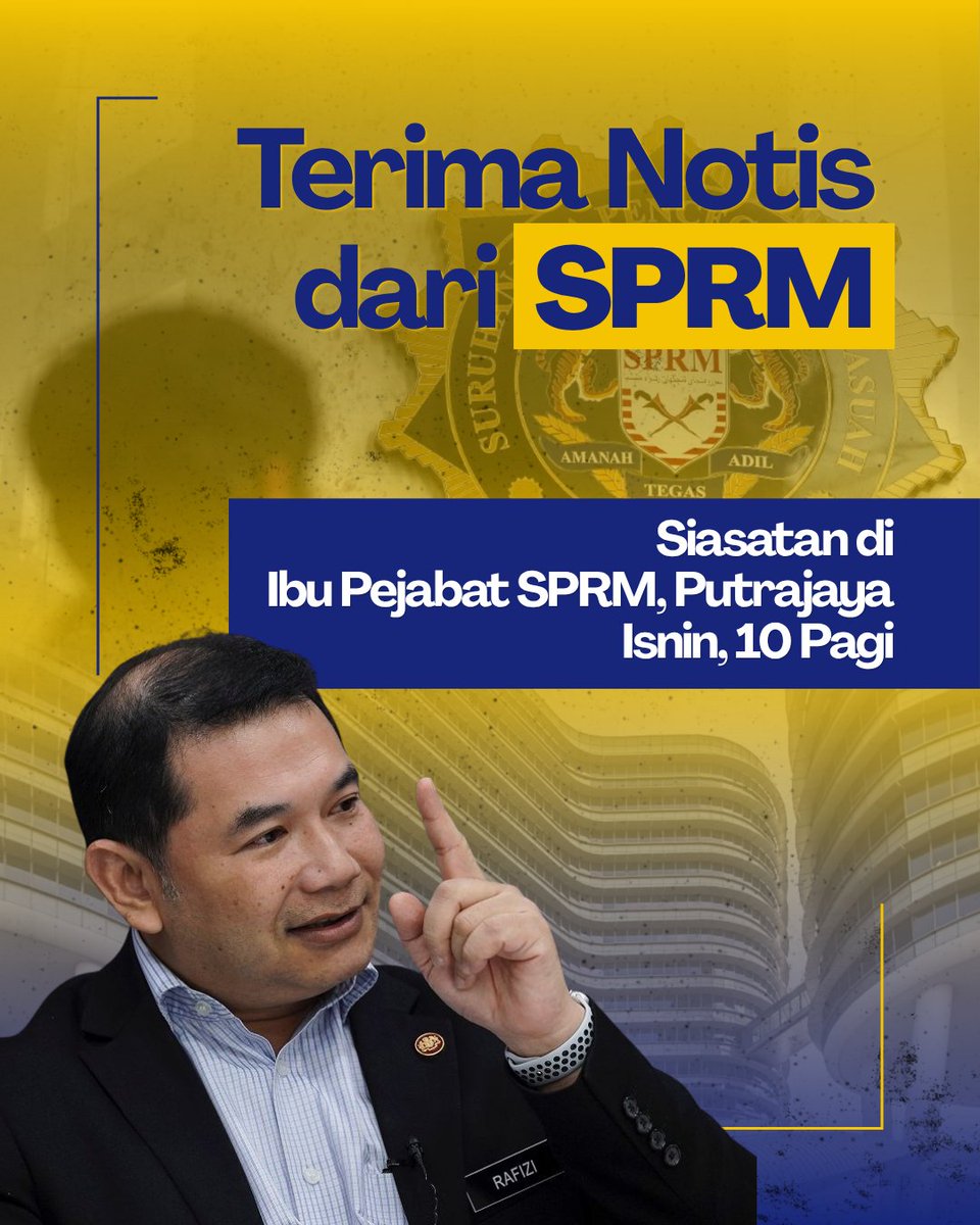 𝗦𝗔𝗬𝗔 𝗧𝗘𝗟𝗔𝗛 𝗧𝗘𝗥𝗜𝗠𝗔 𝗡𝗢𝗧𝗜𝗦 𝗗𝗜𝗣𝗔𝗡𝗚𝗚𝗜𝗟 𝗦𝗣𝗥𝗠, 𝗜𝗦𝗡𝗜𝗡 𝟭𝟬 𝗣𝗔𝗚𝗜

Jam 3 petang tadi, hari ini 1 Mei 2026, saya telah menerima satu notis dari SPRM untuk hadir memberi keterangan di ibu pejabat SPRM Putrajaya pada hari Isnin, 4 Mei jam 10 lagi.