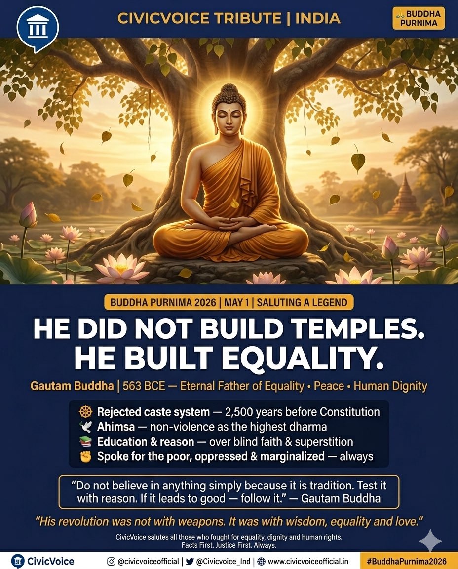 Civicvoice_Ind's tweet image. 🙏 BUDDHA PURNIMA 2026.

“He did not build temples.
He built equality.”

Gautam Buddha — 563 BCE — Eternal.

2,500 years ago — he stood up
for those nobody stood up for.

— CivicVoice Tribute | India

#BuddhaPurnima2026 #GautamBuddha
#Equality #SocialJustice
#Ambedkar