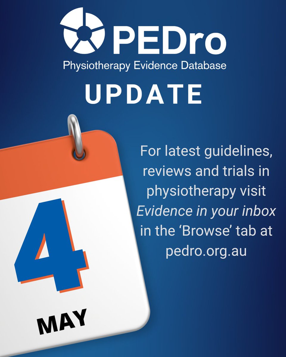 PEDro_database's tweet image. PEDro updated on 4 May 2026

For latest guidelines, reviews and trials in physiotherapy visit pedro.org.au/english/browse…

#PhysicalTherapy #physio