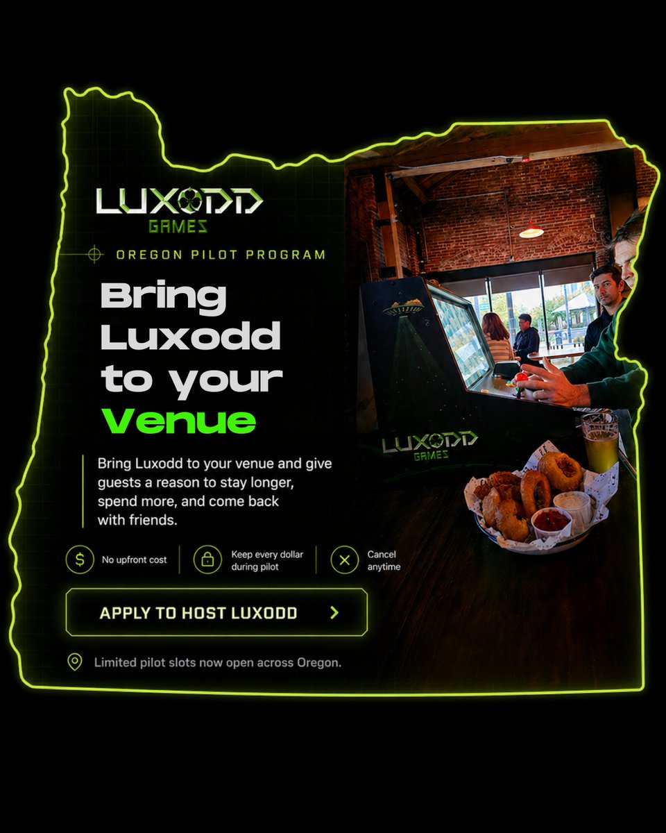 luxoddgames's tweet photo. Hiya, Oregon venues, we’re opening a limited number of free pilot slots.

You do not pay for the Luxodd cabinet. We place it at your venue at no upfront cost and share the revenue generated during the pilot.

The goal is simple: See what happens when guests have a reason to stay longer, spend more, and come back with friends.

Apply to host Luxodd >> https://t.co/9N38H41rAi