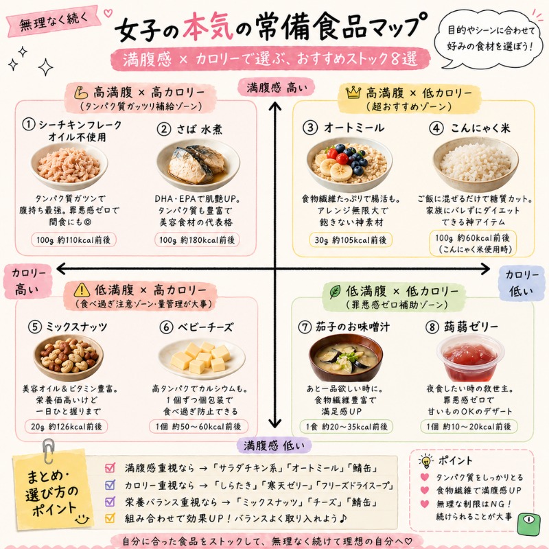 otoku_trend's tweet photo. 「太りたくないけど間食したい」女性向けに常備食品マップ作っちゃいました。笑

まさに私がそうなんですけど、カロリーも気にしたいけど、やっぱり食べたときの満腹感も大事ですよね( *´艸｀)pr