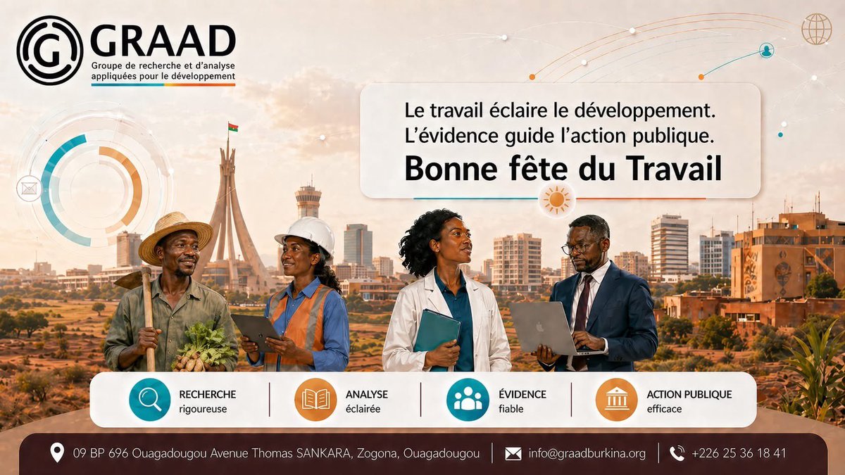 GRAAD_Burkina's tweet photo. Le travail éclaire le développement.
L’évidence guide l’action publique.
En ce 1er Mai, GRAAD Burkina rend hommage à toutes les travailleuses et tous les travailleurs.
Bonne fête du Travail ! https://t.co/aMjc17YuVe
