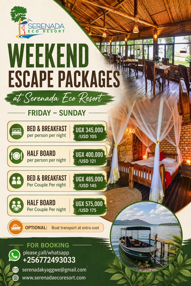 serenadaresort's tweet image. Escape the city and unwind in nature 🌿 

Weekend packages at Serenada Eco Resort, Mukono are here!  

Cozy stays, great food &amp;amp; serene views await 🚤🇺🇬🏖️🩴
#WeekendGetaway #WeekendDeals #EcoResort #TravelUganda #VisitUganda #Ugandan #Madeinuganda #B2B