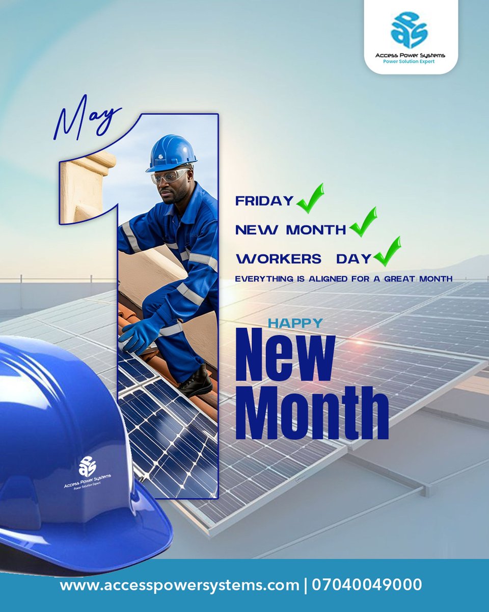 accesspower_sys's tweet image. Happy Worker's Day &amp;amp; Happy New Month. 
To every hardworking person out there who shows up and put in the effort to make things happen. As we step into May may this month bring fresh opportunities &amp;amp; success. 

Have a productive month.

#AccessPowerSystems #workersday #solarpanels