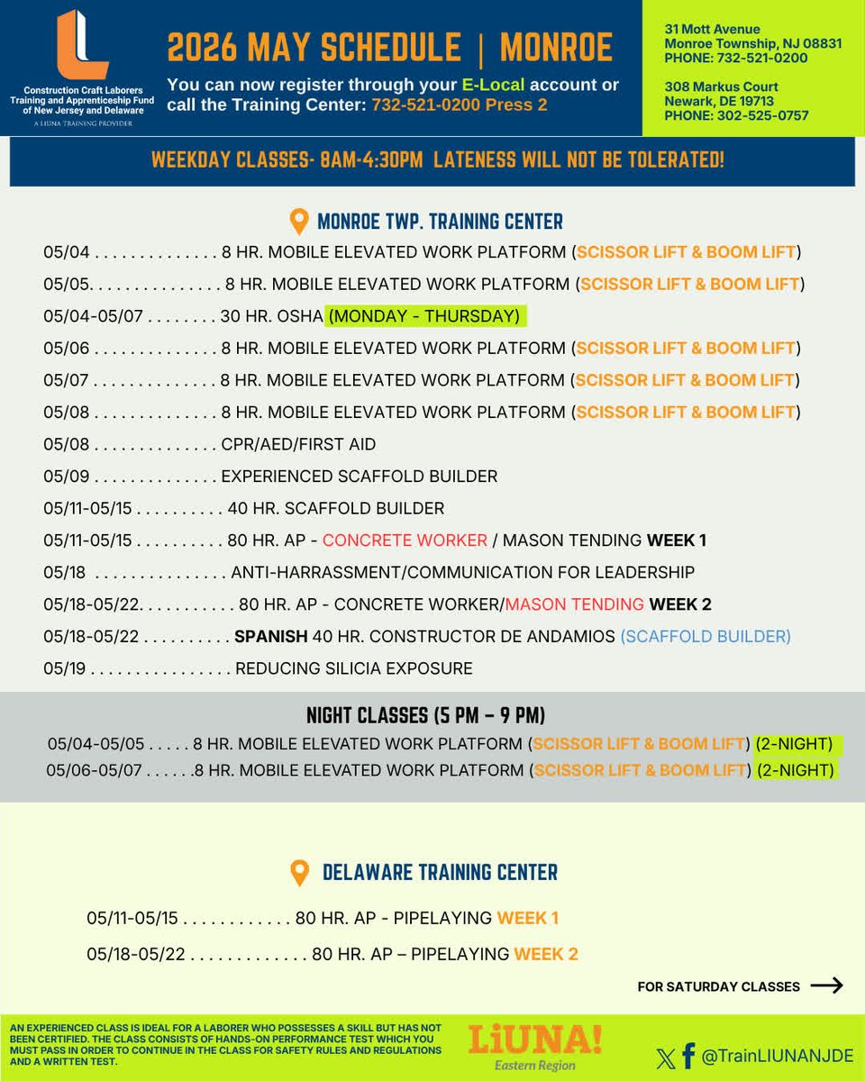 trainliunanjde's tweet image. #ICYMI: we published our May 2026 schedules.

⚠️ Need new #Training or a refresher? YOU MUST PRE-REGISTER! Call 732-521-0200 (NJ) or 302-525-0757 (DE).

Or visit elocal-liuna.org/login to register for classes.

@TrainingLiuna