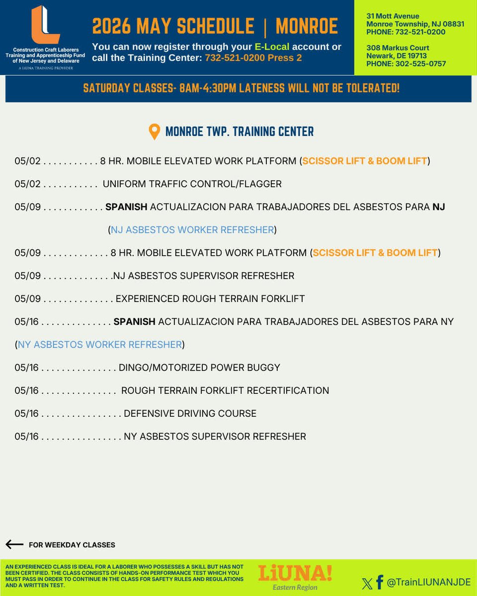 trainliunanjde's tweet image. #ICYMI: we published our May 2026 schedules.

⚠️ Need new #Training or a refresher? YOU MUST PRE-REGISTER! Call 732-521-0200 (NJ) or 302-525-0757 (DE).

Or visit elocal-liuna.org/login to register for classes.

@TrainingLiuna