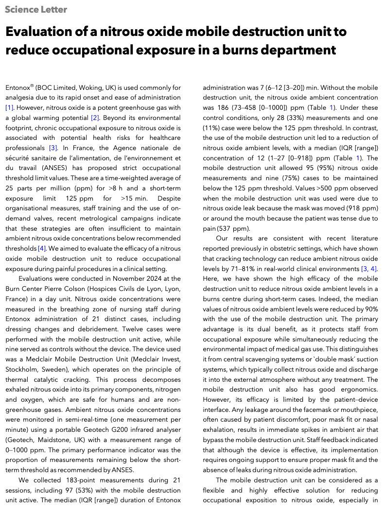 Anaes_Journal's tweet image. Can a nitrous oxide mobile destruction unit reduce occupational exposure?

In this small study, the median values of nitrous oxide ambient levels were reduced by 90%with the use of the mobile destruction unit.

#anaesthesia #MedTwitter #climate

doi.org/10.1111/anae.7…