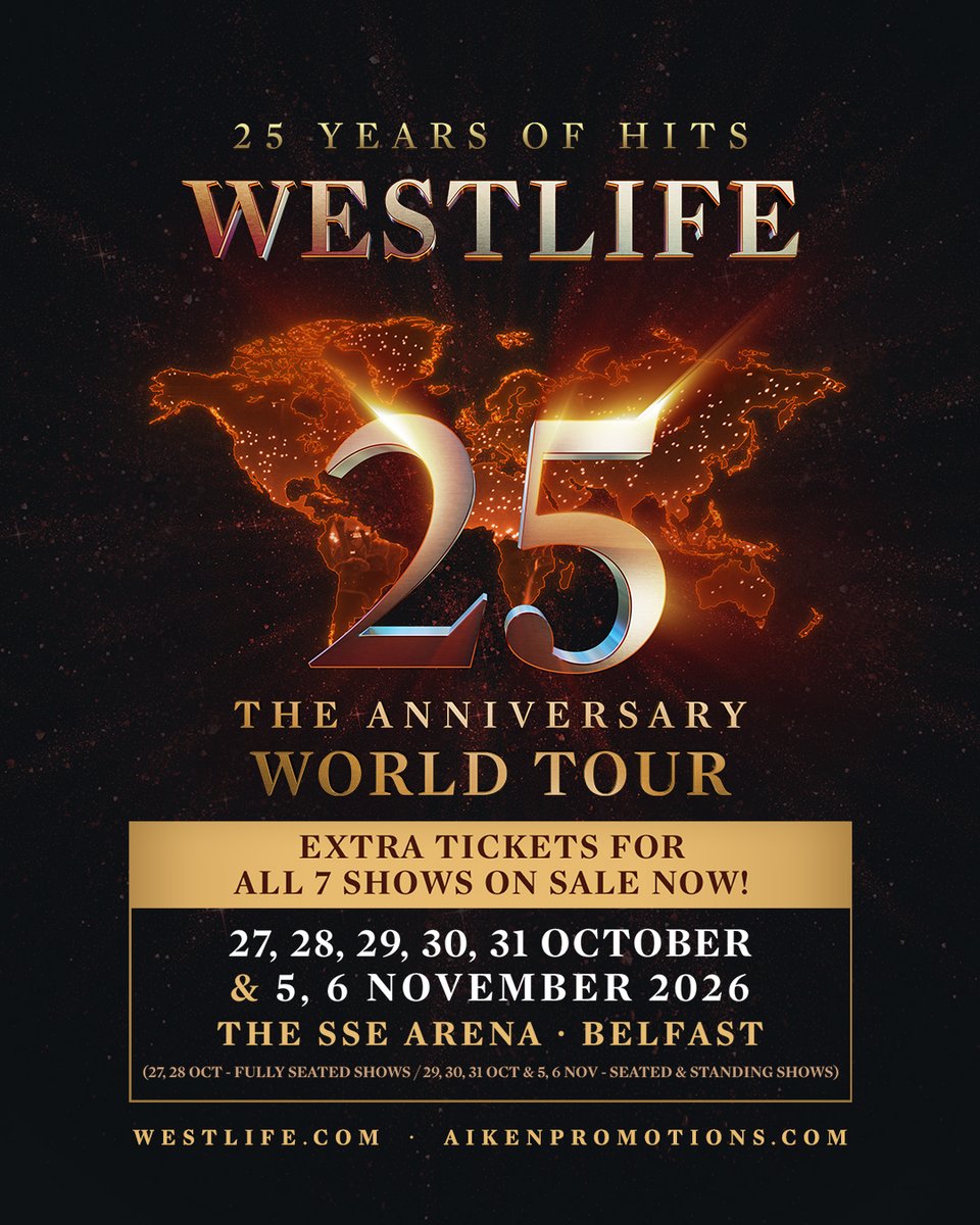 SSEBelfastArena's tweet photo. 🔥 Limited amount of extra tickets just released for all 7 Belfast Shows! 🔥

🙌 WESTLIFE celebrate over 25 years of success with the release of 25 - The Ultimate Collection next Friday featuring hits across all eras and four brand new tracks recorded especially for this anniversary project. 

🎟️ Don't miss out! Secure your seats now: https://t.co/i7YZkfALYZ
🤝 @westlifemusic