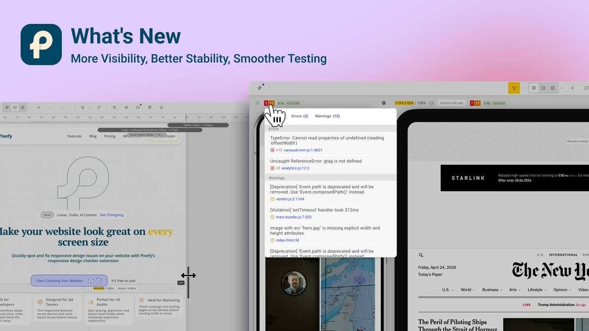 PixefyApp's tweet photo. This one is all about making things smoother.

🔧 Console errors now visible in Pixefy
📐 Resize ruler for breakpoints
📊 Performance metrics
🛠 Lots of stability improvements

Get extension -> https://t.co/T6NZqOe1oh
#Pixefy #WebDev #DevTools https://t.co/DwP1FwtP6G