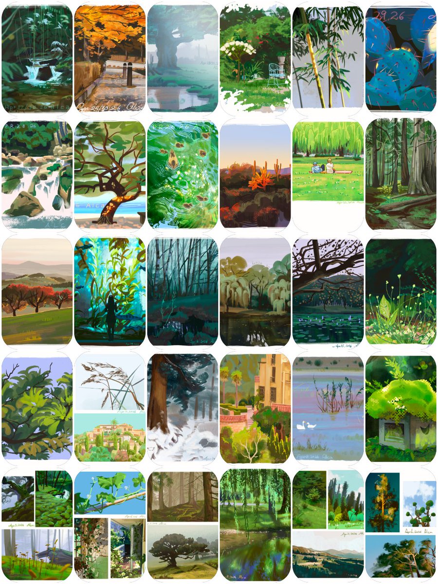 alcalafa's tweet photo. April daily sketches recap.

What. A. Month!!! 
This isn't #pleinairpril , just a project that happened to land in April. The theme was Trees and Plants, which is why there's so much green throughout the drawings. 

Continuing in May with film studies. https://t.co/bfpcrQmEhe