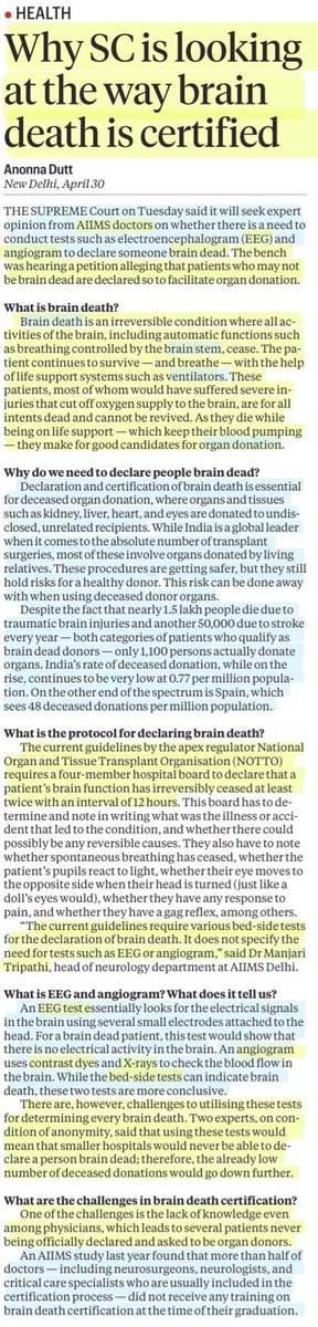 imRavikantYadav's tweet photo. Why is SC looking at the way Brain Death is certified
:Explained by Ms @AnonnaDutt
#SupremeCourt #BrainDead
#BrainDeath #Ventilators #OrganDonation
#EEGtest #Angiogram
#ContrastDyes #Xrays
#BedSideTests
#UPSC
Source: IE https://t.co/R0R6fJ5PMi