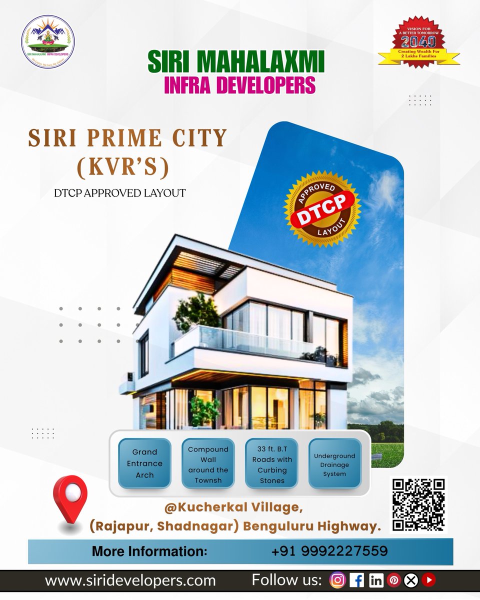 MahalaxmiSiri's tweet image. SIRI PRIME CITY (KVR’s)
Smart Land. Smarter Future. 🏡✨

📍 Book your site visit now
📞 9992227559
🌐 siridevelopers.com

#SiriPrimeCity #ShadnagarPlots #DTCPPlots #OpenPlotsHyderabad #RealEstateIndia #LandInvestment #SmartInvestment #HyderabadRealEstate #BengaluruHighway