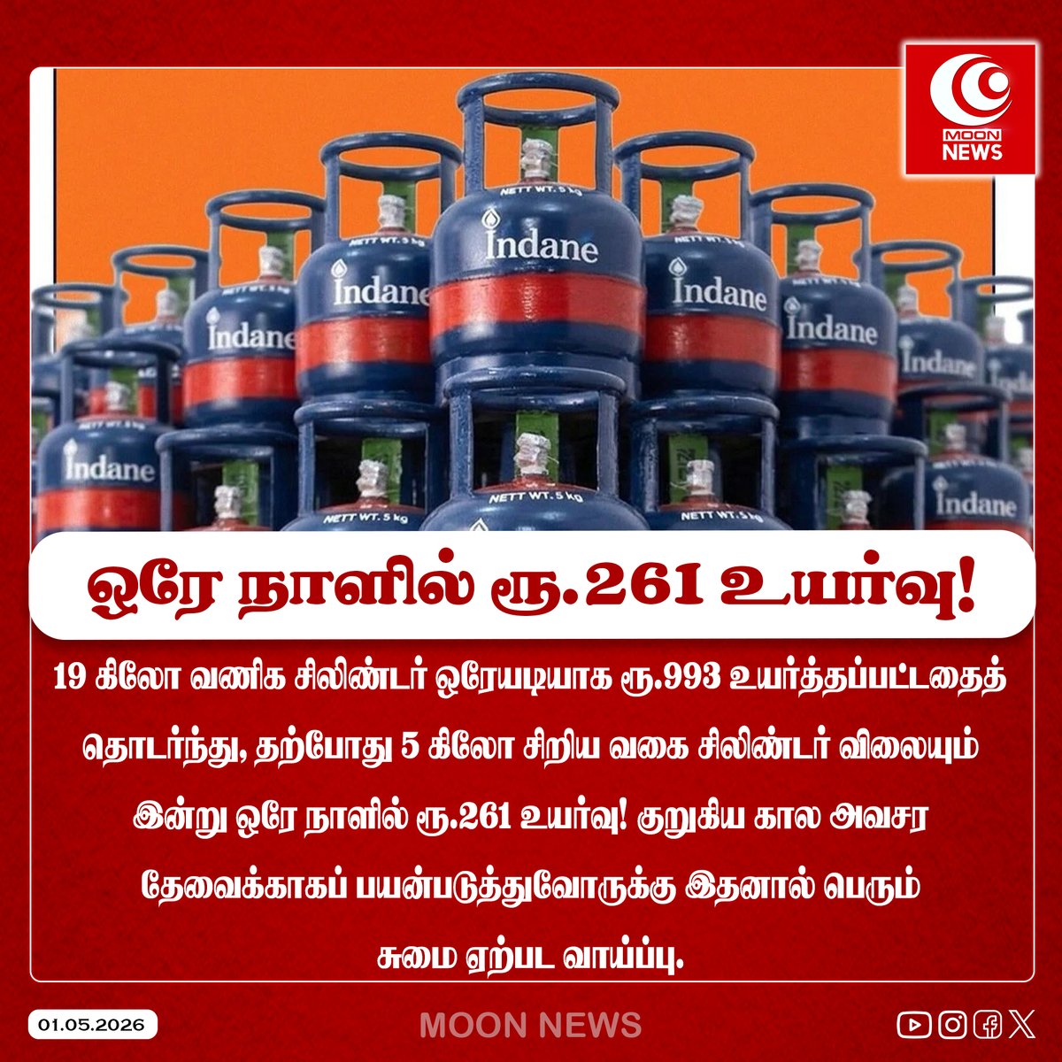 moontvnews80820's tweet image. அடுத்த அடி!
19 கிலோ வணிக சிலிண்டர் ஒரேயடியாக ரூ.993 உயர்த்தப்பட்டதைத் தொடர்ந்து, தற்போது 5 கிலோ சிறிய வகை சிலிண்டர் விலையும் இன்று ஒரே நாளில் ரூ.261 உயர்வு! குறுகிய கால அவசர தேவைக்காகப் பயன்படுத்துவோருக்கு இதனால் பெரும் சுமை ஏற்பட வாய்ப்பு.
#cylinder #moonnews_