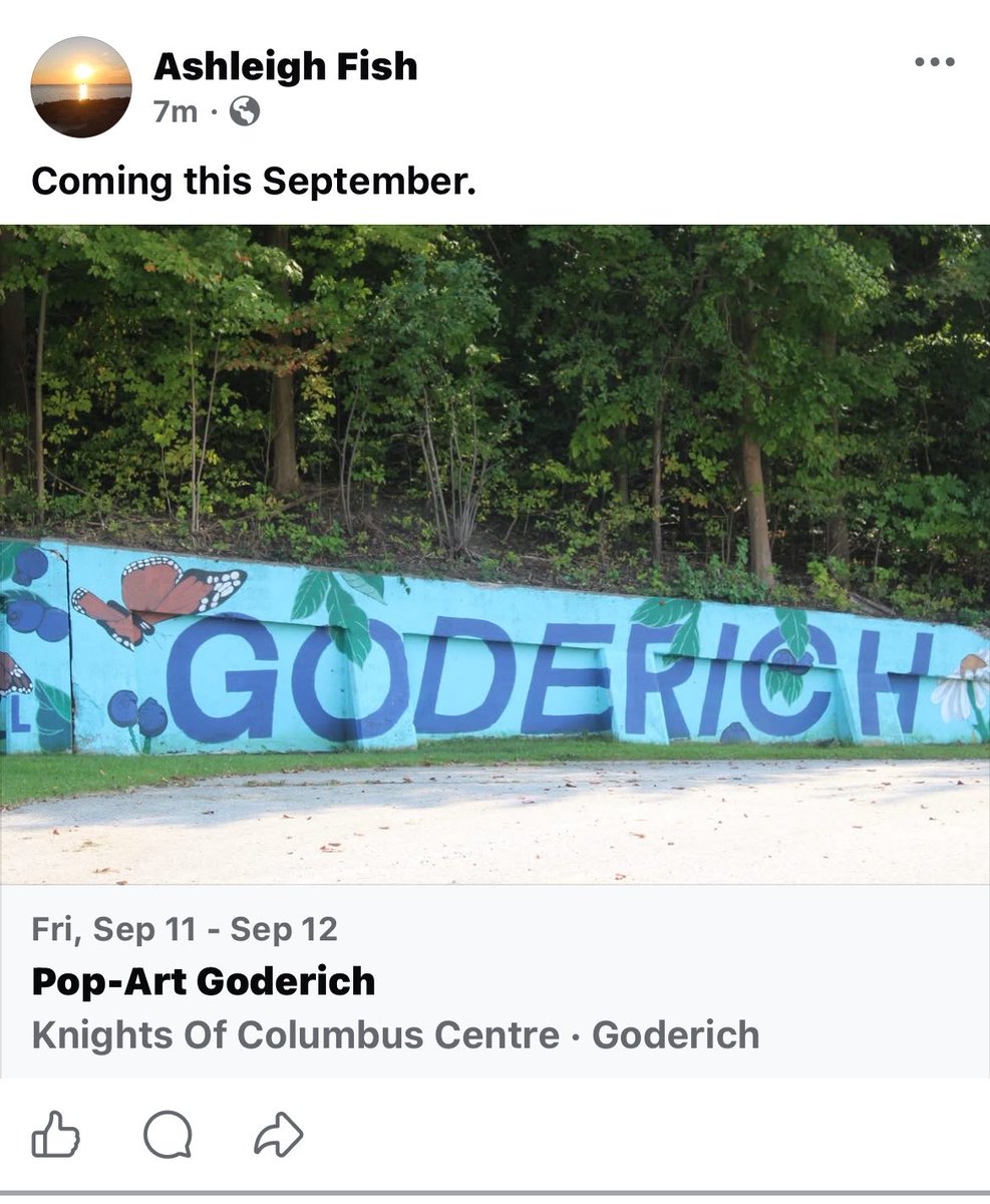 Message me to participate in PopArt. $80.00 to enter no one turned away and no commission. Come on Goderich! Let’s show them local art. Keep your sales, profits from entry fees to charity, all sales to the artist. <a href="/GoderichTourism/">Goderich Tourism</a> <a href="/GoderichDwntown/">Goderich Downtown</a> <a href="/GoderichSStar/">Goderich Signal Star</a> <a href="/YMCAGoderich/">Goderich-Huron YMCA</a>