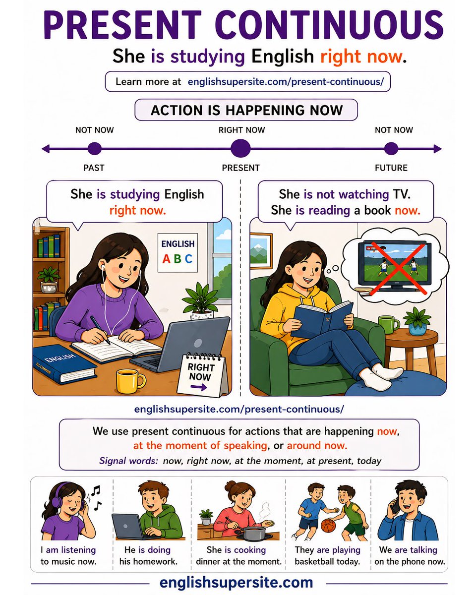 EngSuperSite's tweet image. PRESENT CONTINUOUS

What are you doing right now?

Use it for actions happening now.

Example: She is studying English right now.

Learn more: englishsupersite.com/present-contin…

#English #Ingles #Inglese #Anglais #Grammar #LearnEnglish