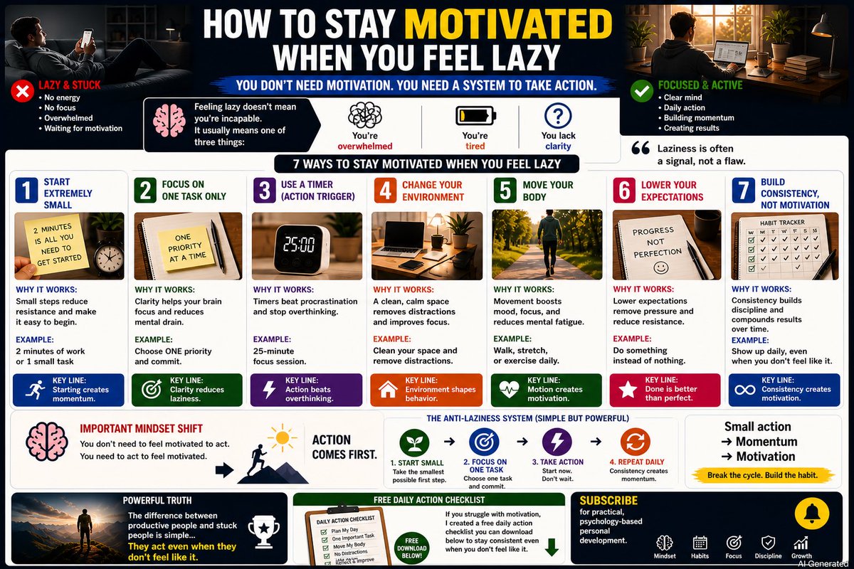 GothandanR's tweet image. No Motivation? (AI Supported)

Motivation isn’t required.

Action is.

Start small
Focus on one task
Build momentum

That’s how progress begins.

#Motivation #Discipline #Habits #Focus #Productivity #Growth #Consistency #Mindset #Success #Routine