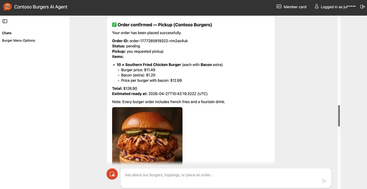 juliamuiruri4's tweet photo. Let's order some burgers! 🍔

Next week at #ECS2026, I'm doing a deep dive into building serverless AI agents that actually do real work.

Together, we'll tear apart a production-ready Burger Ordering Agent built with #LangChain.js + Model Context Protocol (#MCP), showing exactly how it works:
✨ How the agent discovers and reasons about available tools
🔗 How it calls real APIs through MCP servers
⚡ How it streams responses and handles multi-step reasoning

We break down:
1️⃣ The business layer (core infrastructure)
2️⃣ The MCP layer (tool exposure)
3️⃣ The agent layer (LangChain orchestration)

If you've wondered how agents go from "hello world" to production-grade tool use, this is for you. More info at https://t.co/HhwraDtk5A

📍Room V, 06/05/2026, 15:20 PM

See you there! 😎