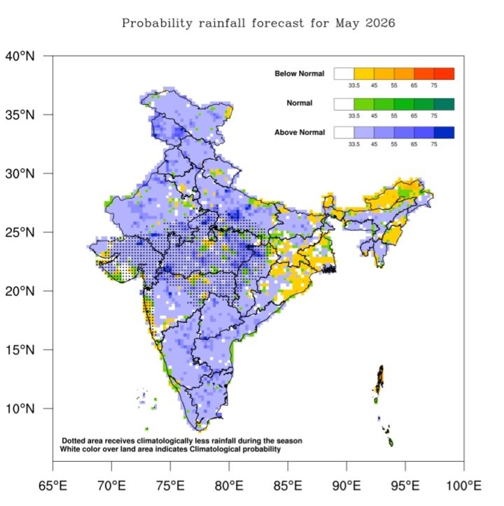 ranjanphukanimd's tweet photo. 01 May
May 2026 Rainfall Outlook by IMD:
🌧️ 
Most parts of northeast India has high probability of above normal rainfall in May, except some areas of Arunachal Pradesh Manipur Nagaland region.

So after rainy March and April in NE, it is likely to continue in May also https://t.co/FGbkX1Sxkf