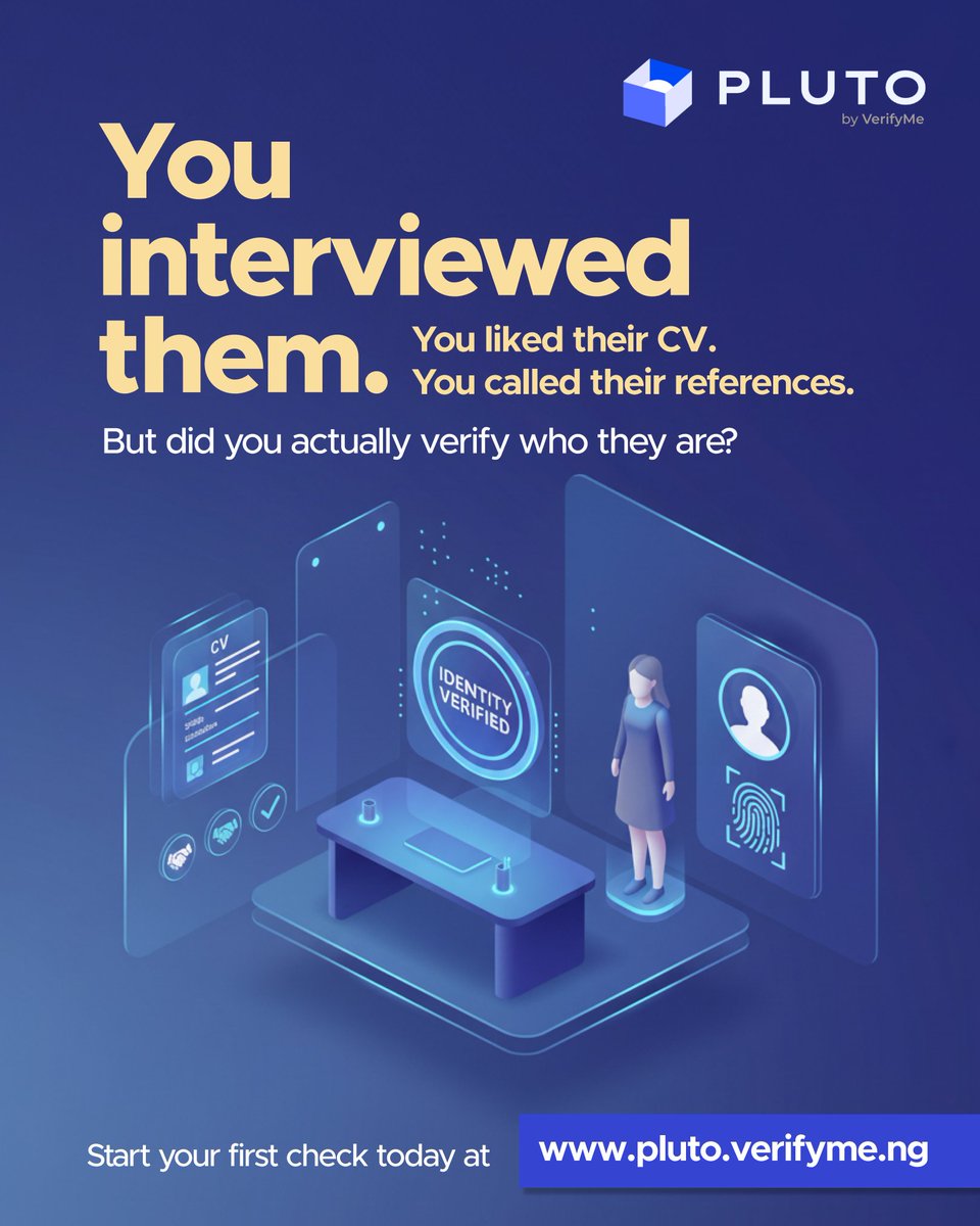 plutobyvmn's tweet photo. With Pluto, you get a full background check that includes identity verification, address confirmation, employment history, guarantor checks, and a risk score, all in one place.

#PlutoNG #BackgroundCheck #HireSmart #VerifyBeforeYouTrust #SafeHiring #Nigeria https://t.co/H0DC07aZGY