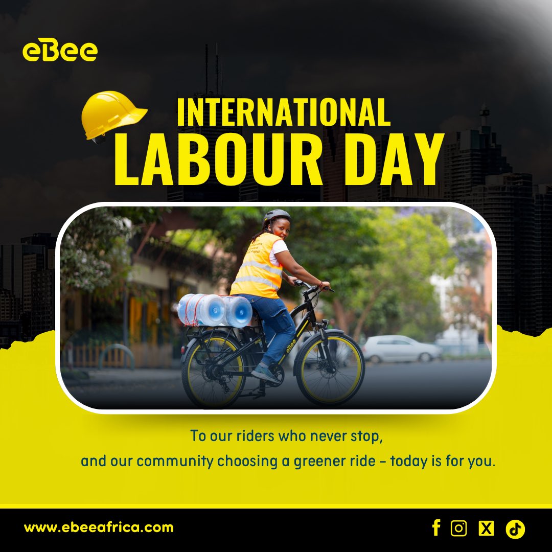 eBee_Uganda's tweet photo. Happy Labour Day!
To our riders keeping the world moving &amp; our community choosing a greener ride, you're not just delivering packages, you're delivering a better planet.
Today we celebrate you. 
#LabourDay #ebee #4MillionKm https://t.co/EBF0s0Rg8u