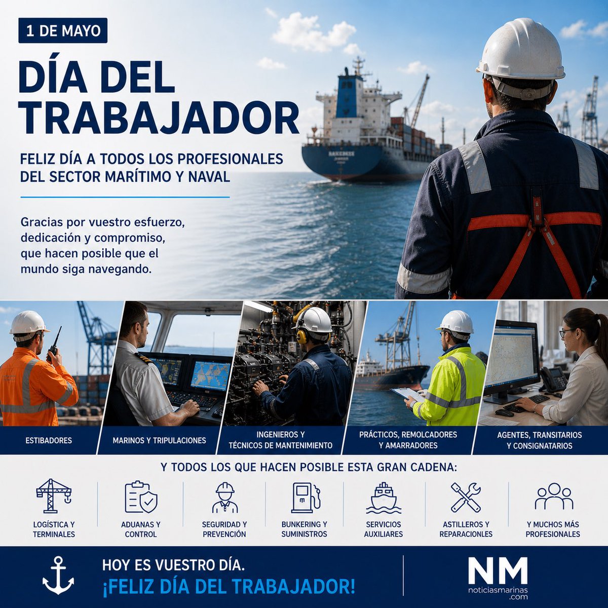 NoticiasMar's tweet photo. 💙⚓️ 1 de mayo | Día del Trabajador

Hoy miramos al mar, pero sobre todo miramos a quienes lo hacen posible.

A las tripulaciones que pasan meses lejos de casa.
A quienes trabajan en puerto cuando hace frío, calor, viento o todo a la vez. https://t.co/Cchrb9EmlU